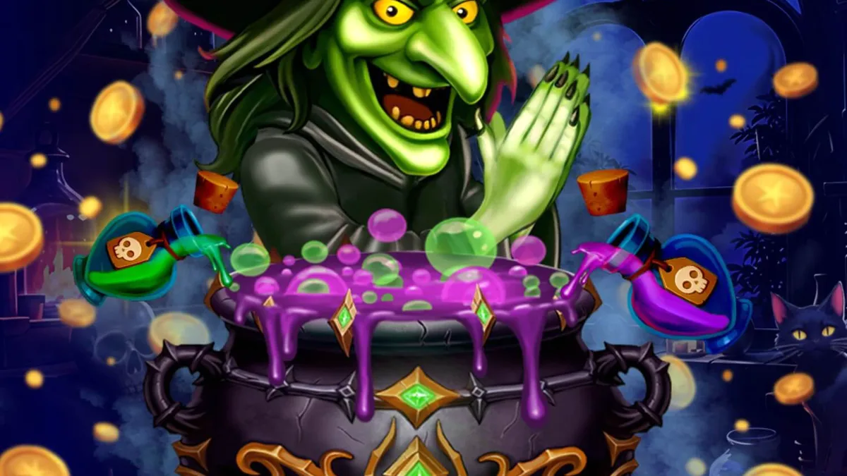 Tampilan visual slot Witches’ Fortune: Hold & Win dengan tema penyihir dan ramuan ajaib.